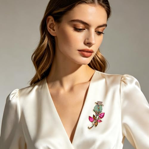 Image of YOQUCOL Elegant Cubic Zirconia Crystal Rhinestone Red Rose Shape Brooch Pin for Women Grils