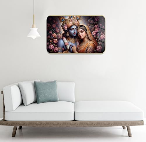 Image of Masstone Radha Krishna Crystal Embedded High Gloss Wall Painting, Golden Slim Frame, 45x30 Cm Wall Art for Living Room, Bedroom, Office & Home Decor (HG07)