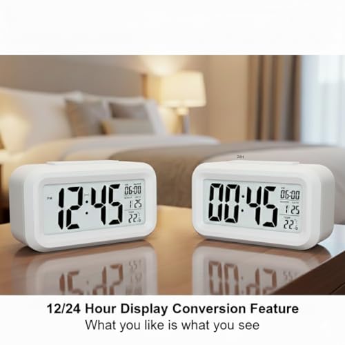 Image of Rorian Digital Alarm Clock - Large LCD Display with Smart Backlight, Indoor Temperature, Date & Calendar, Battery Operated Portable Desktop Clock for Bedroom, Travel, and Office (White)