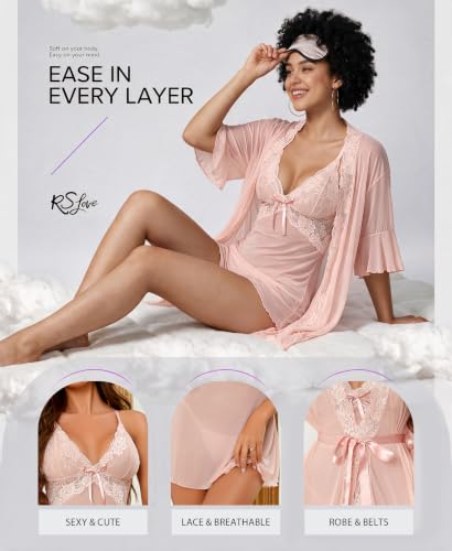 Image of RSLOVE Women Sexy Lingerie Set - 3 Piece Babydoll & Lace Kimono Robe Strap Chemise Nightgown Mesh Sleepwear