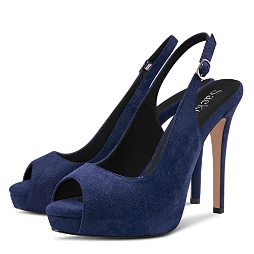 Saekcted Women Stiletto High Platform Heel Peep Open Toe Sandals Slingback Casual Dress 4.7 Inches Heels4