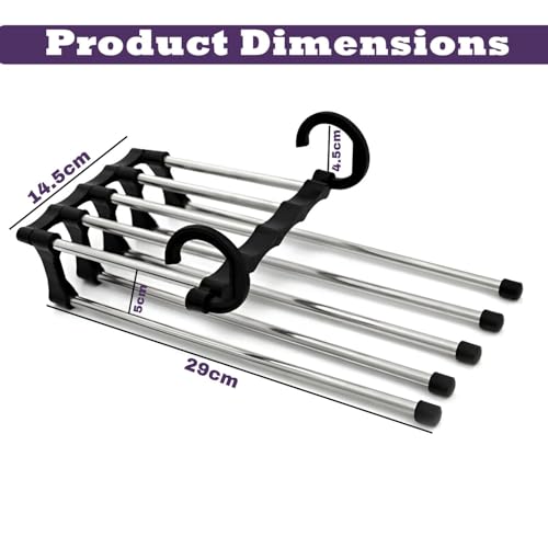 Image of Storite 5 in 1 Stainless Steel Foldable Clothes Hanger | Multi-Layer Space Saving Pant Hanger for Wardrobe | Multipurpose Foldable Trouser & Scarf Organizer Rack (Black)