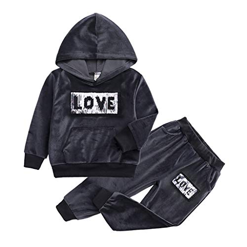 Toddler/Kids Boys Girls Clothes Velvet Hooded Tracksuit Sweatshirt Top + Sweatpants Hoodie Outfit Set(Grey,7-8 Years)