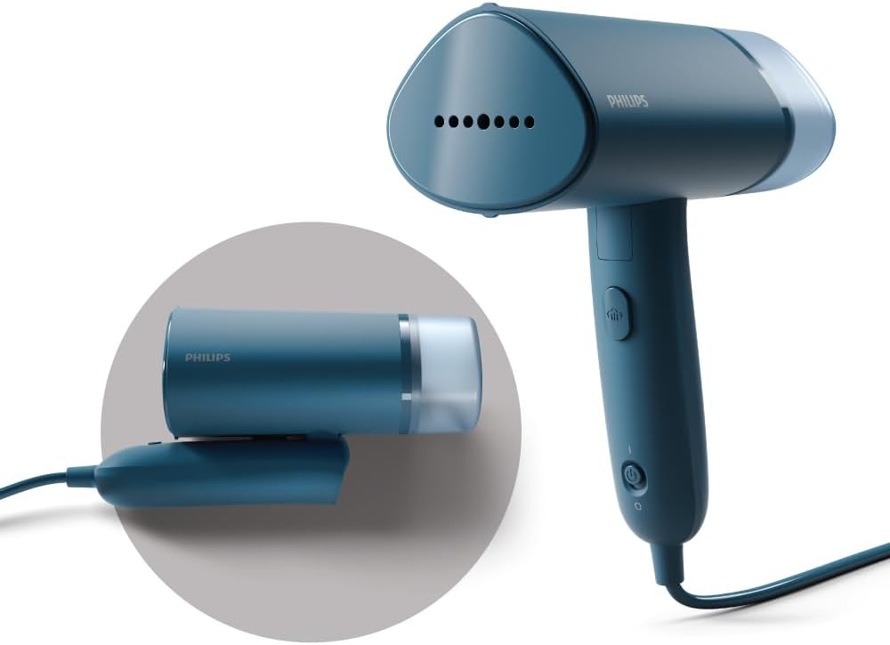 PHILIPS Handheld Garment Steamer STH3000/20 - Compact & Foldable, Convenient Vertical Steaming, 1000 Watt Quick Heat Up, up to 20g/min, Kills 99.9% Bacteria (Reno Blue), Small