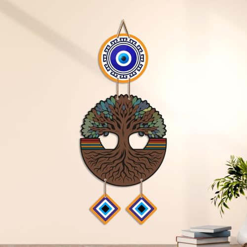 Image of Artvibes Wooden Style Tree of Life Evil Eye Wall Decor for Main Door Entrance | Nazar Suraksha Hanging for Home Office Living Room | Good Luck Decorative Gift (WH 85123N)
