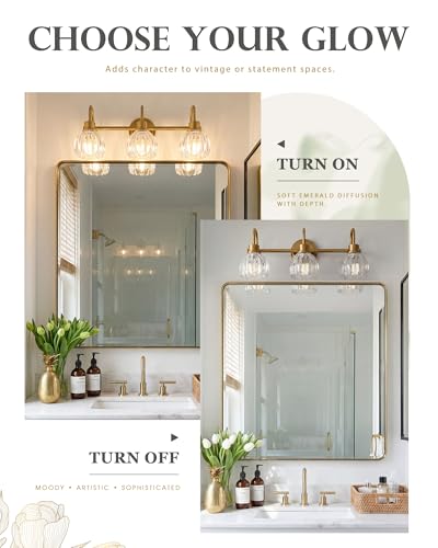 Image of 3-Light Gold Bathroom Vanity Light with Clear Tulip Glass Shade | 21 Inch Bathroom Lights Fixtures, Brass Vanity Lighting Fixtures Over Mirror, E26 Base, ETL Listed, AD-22282-3W-GD-C