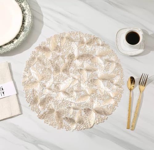 Image of HomeCloud PVC Material Round Shape Table Mat, Dining Table Mat,Table Placemats, Round Mats,Best for Bed-Side Table /Center Table, Dining Table /Shelves (Butterfly Gold, Set of 2)