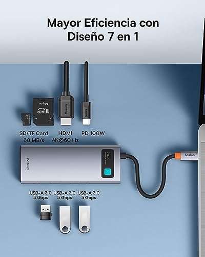 Baseus Hub USB C 7 en 1 Adaptador con HDMI 4K@60Hz, PD 100W, 3 USB-A 3.0 5Gbps, Lector de Tarjetas SD/TF, Docking Station para Portátil Compatible con Windows/Mac/iPad/Steam Deck/Rog Ally - imagen 2