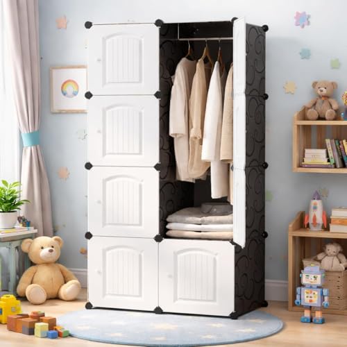 Image of 8 Door Kids Cartoon Wardrobe Storage Cabinet - DIY Modular Clothes Organizer with Hanging Cartoon Design Wardrobe with Multi for Bedroom, Living Room,Entryway