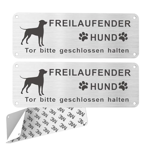 Upifen Vorsicht Freilaufender Hund, 2Stk. Achtung Hund Schild, Warnschild Hund Aluminium mit Selbstklebend und Vorgebohrten Löchern, 25x 9cm, Innen/Außen