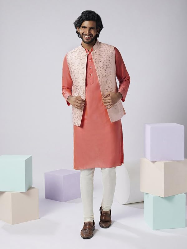 Image of KISAH Men Printed Kurta Jacket Set, Full Sleaves, Knee Length, Straight, Regular Fit, Mandarin Collar Ethnic Wear