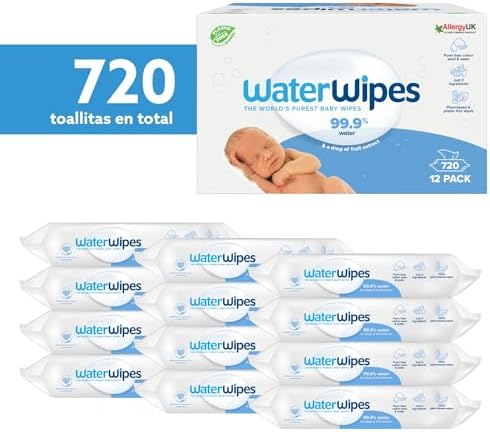 WaterWipes Toallitas húmedas Originales para Bebés, Sin Plástico, 720 unidades (Paquete de 12), 99,9% Base de Agua, y Sin Perfume para Pieles Sensibles
