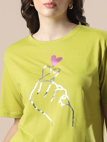 Image of Globus Women Green Printed Oversized T-Shirt-3638147001