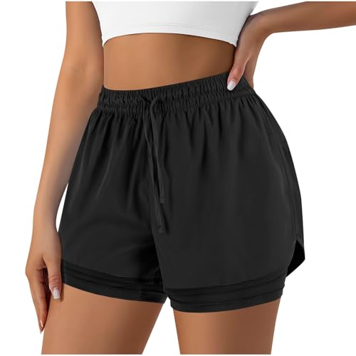 Running Shorts Womens Ladies 2 in 1 Gym Shorts Cycling Quick Dry Waterproof Double Layer Bottoms Golf Workout Jogges Short Sports Drawstring Elastic Waisted SweatShorts, 02 Black, M
