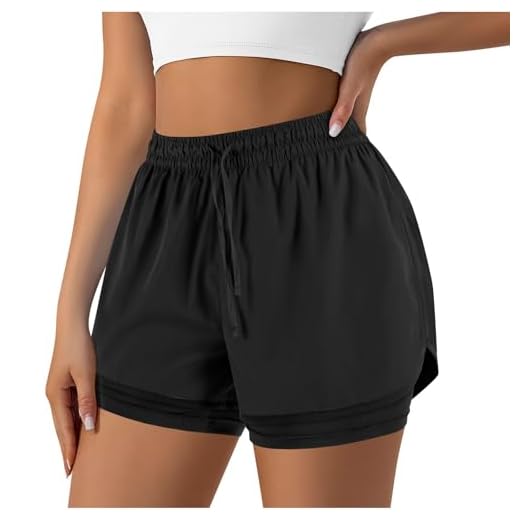 Running Shorts Womens Ladies 2 in 1 Gym Shorts Cycling Quick Dry Waterproof Double Layer Bottoms Golf Workout Jogges Short Sports Drawstring Elastic Waisted SweatShorts, 02 Black, L