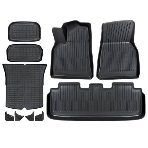 Full Set Floor Mats with Mud Flaps for Tesla Model Y 2020-2024 Custom Fit All Weather TPE Automotive Cargo Liner Floor Mats and Cargo Trunk Mats Accessories (Only Fit 5-Seat)