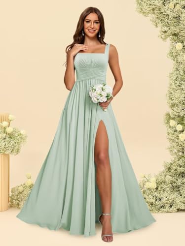 Loyeloy Women's Square Neck Bridesmaid Dresses with Slit 2025 Pleated Chiffon Formal Evening Dress4
