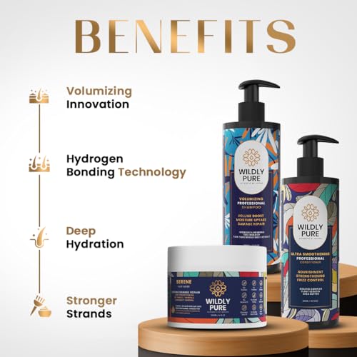 Image of WILDLY PURE Volumizing Care Kit with Shampoo, Conditioner & Mask | 30% Thicker Hair & 12-Hour Volume Boost | Enriched with 12 Oils, Plant Keratin & 40% Aloe Vera | Ideal for Thin, Wavy & Dull Hair | Sulphate & Paraben Free | Pack of 3