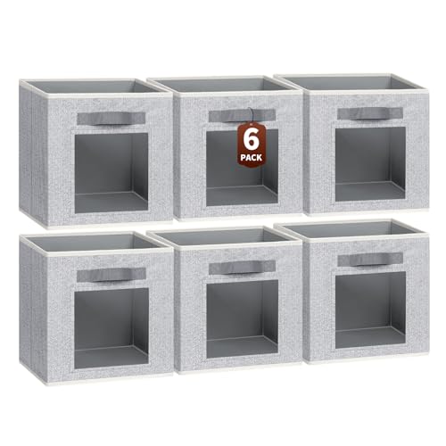Image of Homsorout Cube Storage Bins, 6 Pack Collapsible Cloth Storage Baskets with Front Handle, Fabric Baskets for Organizing Shelves, Cube Storage Organizer Bins for Living Room, Office, Blended
