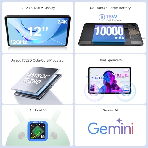 Image of P12 2026 Android 16 Tablet, 12 Inch 120Hz 2.4K Tablet with Gemini AI, UNISOC T7280 Octa Core, 48GB RAM+128GB Storage, 10000mAh Battery, Face ID, Widevine L1, Tablet with Keyboard, Pen -Black