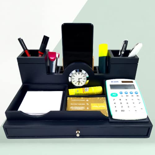 Image of WOOD HOUSE Wooden Desk Table Organizer, Pen Stand with Clock - Office Table Accessories for Diwali New Year Corporate Gifts