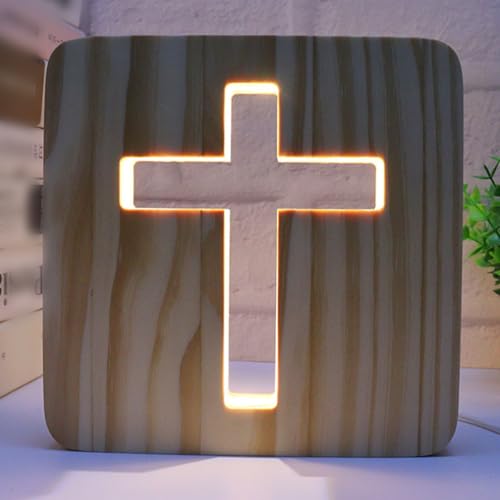 GOMETY Jesus Kreuz Nachtlicht, 3D Holzschnitzerei LED Nachtleuchte...