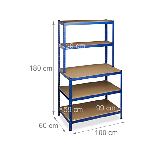 Relaxdays Schwerlastregal, mit Werkbank, Traglast 900 kg, 5 Ebenen, zum Stecken, Keller, 180x100x60 cm, Stahl, MDF, blau