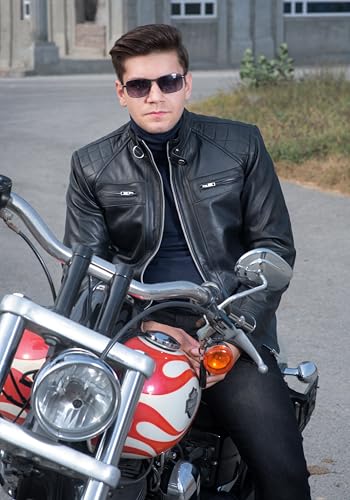 Image of TLC Mens Leather Jacket | Sheepskin Quilted Shoulders Bold Biker Cafe Racer Style Leather Jacket Men