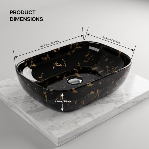 Image of Wash Basin Countertop | Tabletop Ceramic Bathroom Sink | Over Counter | Wash Basin For Bathroom (Black-Gold Matte Wash Basin,18 x 13 x 5.5 Inch)
