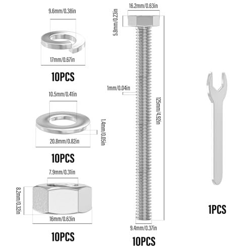 Image of 10PCS 3 /8-16 x 5 304 Stainless Steel Fully Threaded Bolt with Nut Flat & Lock Washers and Spanner