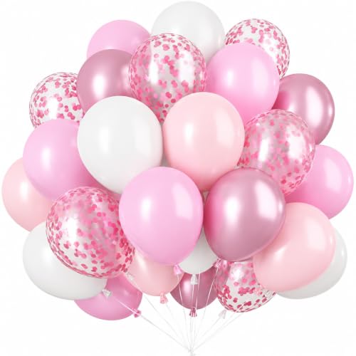Image of Biapian Pink & White Metallic Chrome Confetti Latex Balloons - 12 Inch Ribbon Party Balloons Set for Girls' Birthday Princess Parties