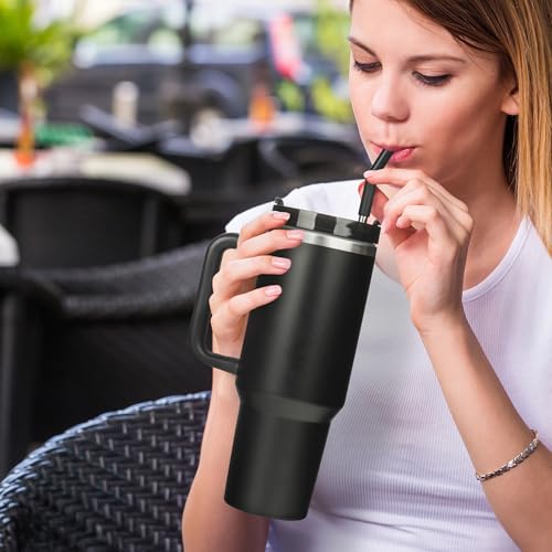 Image of Christian Art Gifts Extra Large Stainless Steel Double Wall Vacuum Insulated Travel Tumbler for Men & Women: Be Strong Scripture, Silver Laser Engraved Lion, Lid, Straw, Wide Handle, Black, 40 oz.