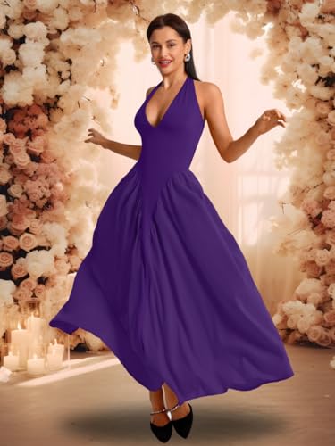Image of ChiaoLezhee Deep V Neck Dress, Halter Maxi Dresses, Vacation Date Night, Sexy for Women Corset Flowy Wedding Guest Drop Waist