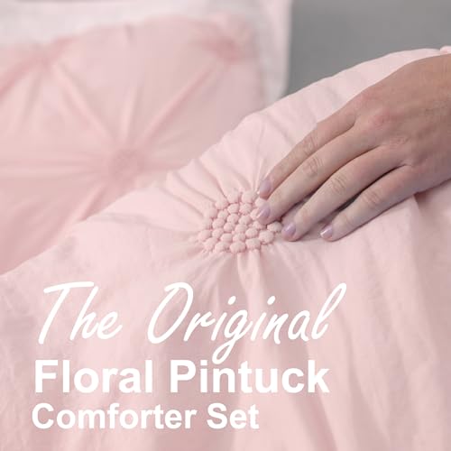 Image of Swift Home King Baby Pink Rose Blush Comforter Set - Ruched 3D Floral Pintuck Bedding Set - 3 Pieces Bed Linen, 1 Comforter and 2 Pillow Shams