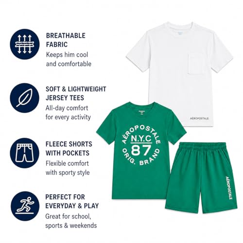 Image of AEROPOSTALE Boys Athletic Shorts Set 3 Piece Graphic T Shirts Fleece Shorts | Soft Breathable Jersey Tees, Elastic Waistband, Side Pockets, Screen-print Design, Durable Stitching for School & Play