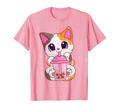 Photo de Chemise Anime Thé Boba pour filles, Kawaii Chat Maneki Neko T-Shirt