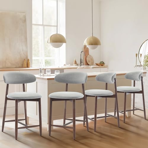 Image of Upholstered Counter Height Bar Stools Set of 4, Kitchen Island Stools with Back, Modern Counter Stools Island Bar Chairs with Wood Legs for Kitchen Island Dining Room Bar, Light Grey