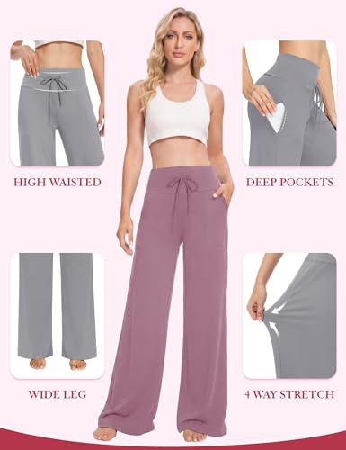 Image of Showitty 1 /3 Pack Women's Wide Leg Pants with Pockets, Casual Loose Pajama Palazzo Trousers Sweatpants for Yoga Lounge