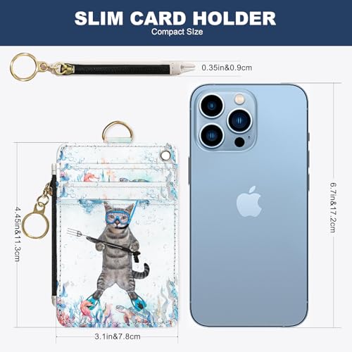 Image of Slim Wallet Credit Card Holder, Cat in the water, RFID Wallet Women Cute Small Front Pocket Wallet With Zipper, PU Leather Thin travel RFID Blocking Card Case ID Window,Ladies Gift