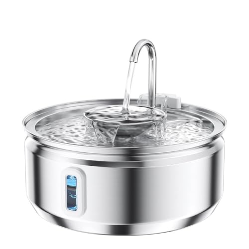 Fuente para Gatos,Fuente de Agua para Gatos Acero Inoxidable,3.2l Bebedero Gatos Automatico INOX,Fuente Gato Metalico con Ventana de Nivel de Agua,2 Filtros y 2 Esponjas,Apta para Lavavajillas