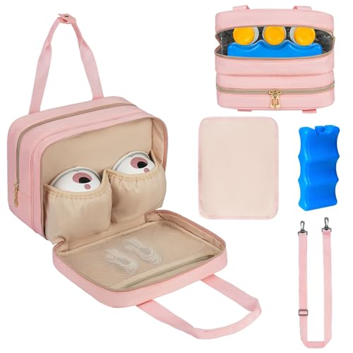 Breastmilk Cooler Travel Bag, Wearable Breast Pump Storage Bag Compatible with Momcozy/Eufy/Elvie/Willow/Medela Breast Pump with Ice Pack and Waterproof Mat,Pink