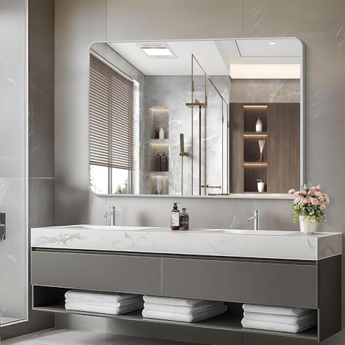 Image of 48x36 Inch Silver Bathroom Mirror, Large Rectangular Vanity Mirror, Metal Framed Rectangle Mirrors, Rounded Corner Wall Mounted Mirrors for Living Room Bedroom Entryway Horizontal or Vertical
