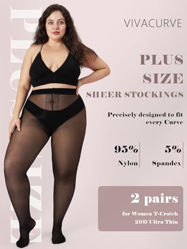 Image of Plus Size Sheer Black Tights for Women T-Crotch 20D Ultra Thin Pantyhose High Waist Stockings 2 Pairs