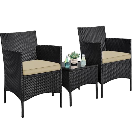 Yaheetech 3-Piece Rattan Garden Set, Outdoor Patio Conversation Furniture, Woven Chairs & 1 Side Table with Cushions for Bistro/Porch/Garden/Deck/Courtyard, Black/Khaki
