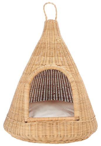 SAFAVIEH Home Collection Tifa Honey Brown Rattan Hanging Pet Cat Bed with White Cushion, Ideal for Living Room, Bedroom, Entryway (Fully Assembled)