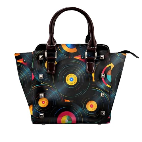 Leather Shoulder Bag for Women, Music Record Studded Purse Vinyl CD Crossbody Handbags Punk Hobo Bag with Adjustable Strap