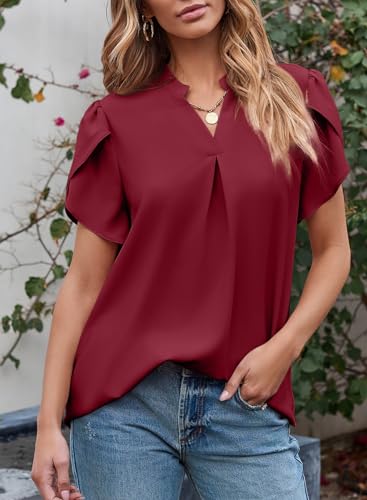 EVALESS Women's Dressy Casual Business Work Chiffon Blouses Tops Summer V Neck Cute Loose Petal Short Sleeve T-Shirts2
