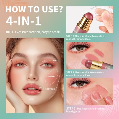 Kit de maquillaje multiusos en barra con dos extremos - Maquillaje ligero y fácil de llevar para ojos, labios y mejillas - Fórmula cremosa y difuminable, 4 tonos versátiles, vegano y sin crueldad(#04) - imagen 7