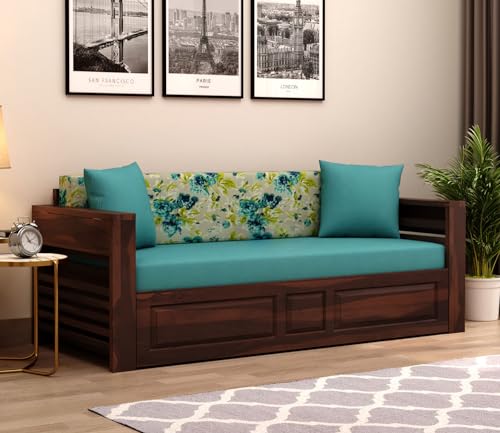 Image of Mamta Furniture Sheesham Wood Foster 3 Seater Sofa Cum Bed for Living Room Three Seater Sofa Bed for Home Sofa Com Bed Sheesham Wood |(Walnut Teal Aqua Marine)