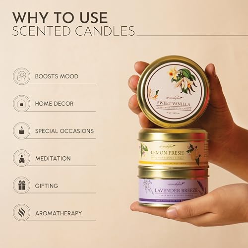 Image of Aromahpure Lavender 3 Wick Candle in Container with Lid Pack of 3 | 85g Each | Burn Time 7 Hours Each | Scented Candle | Relaxing Aromatherapy Candles for Home Decor, Gifting, Bedroom & Spa